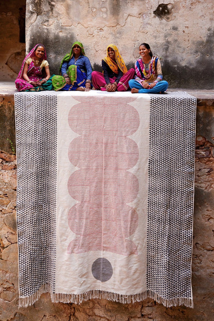 Block Printed Cotton Rug: Orange Bauhaus Design, Hand-Knotted Dhurrie