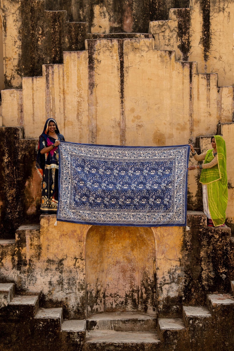 Handmade Cotton Tablecloth: Indian Floral Block Print, Kantha Stitch (54" x 84")