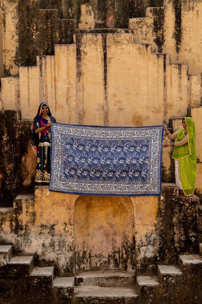 Handmade Cotton Tablecloth: Indian Floral Block Print, Kantha Stitch (54" x 84")