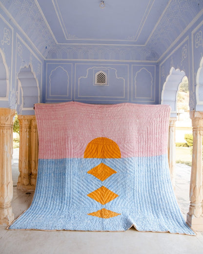 Handmade Kantha Stitched Quilt: Abstract Sunset Design, 100% Cotton