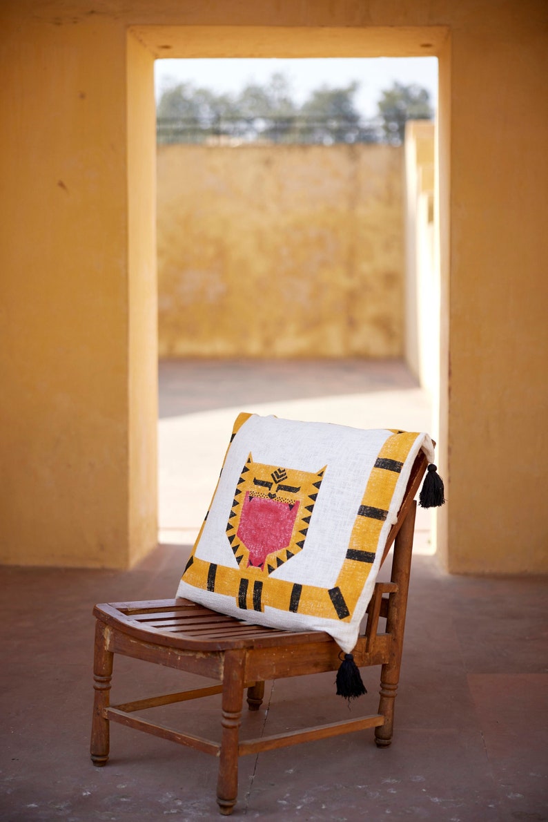 Handmade Tiger Pillow Cover: Indian Block Print Cotton Euro Sham