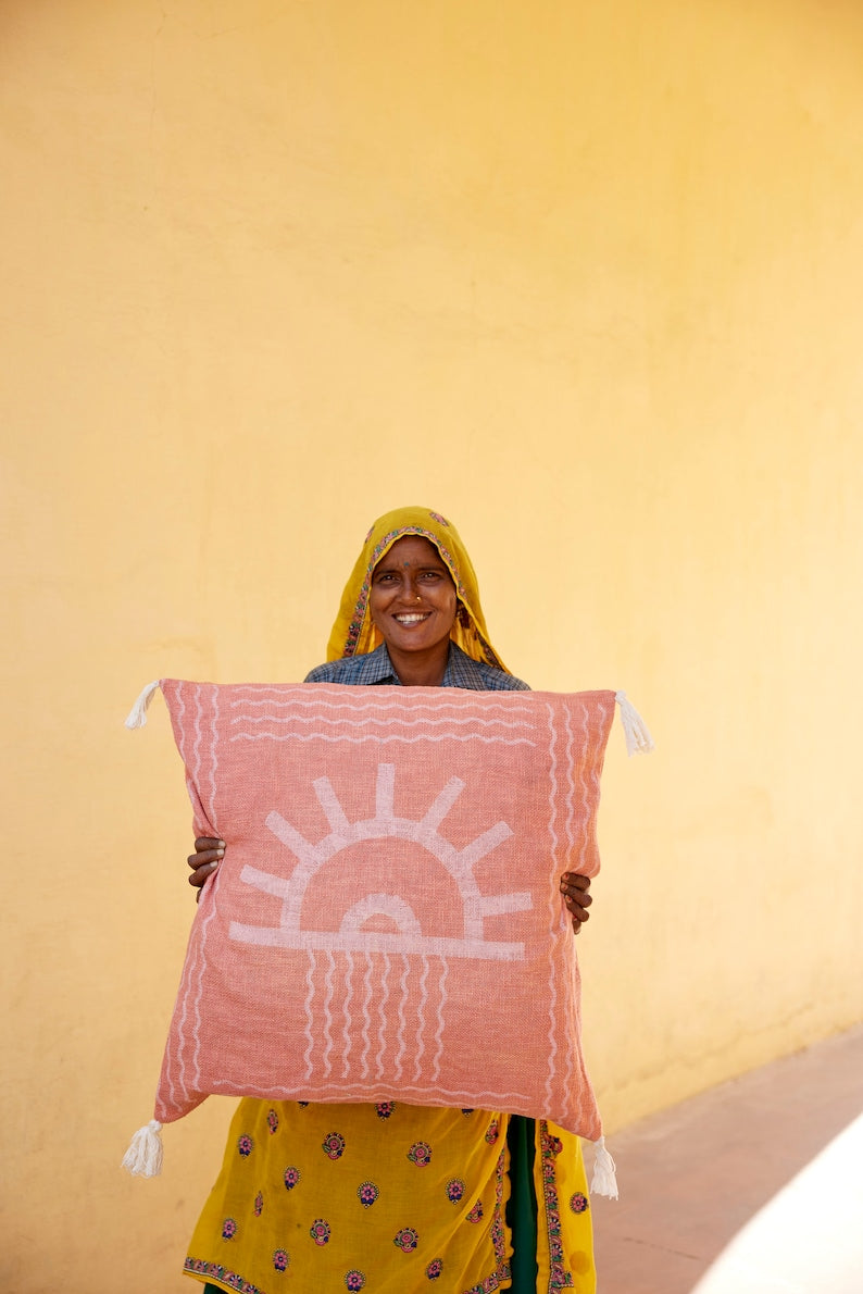 Handmade Block Print Pillow Cover: Cotton Euro Sham, 26"x26"