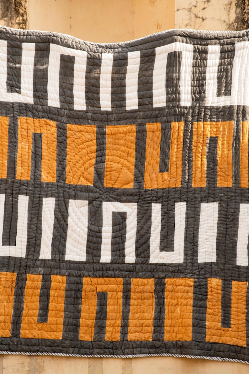 Handmade Queen Quilt: Block Printed Cotton Gauze Reversible Bedspread