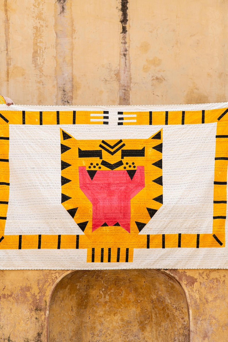 Tiger Face Kantha Throw Blanket: Hand-stitched Cotton Indian Quilt