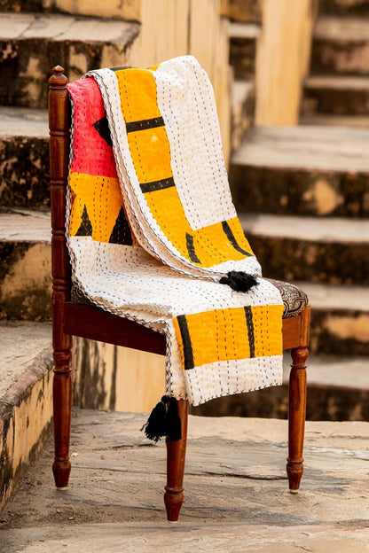 Tiger Face Kantha Throw Blanket: Hand-stitched Cotton Indian Quilt