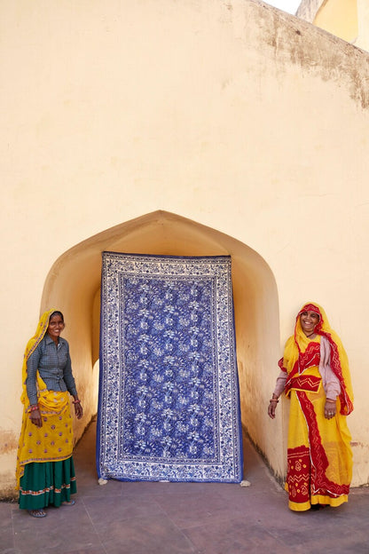 Handmade Kantha Throw Blanket: Blue Floral Hand-Block Print, Boho Decor