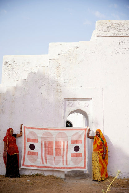 Handmade Linen Kantha Throw Blanket: Bauhaus Block Print