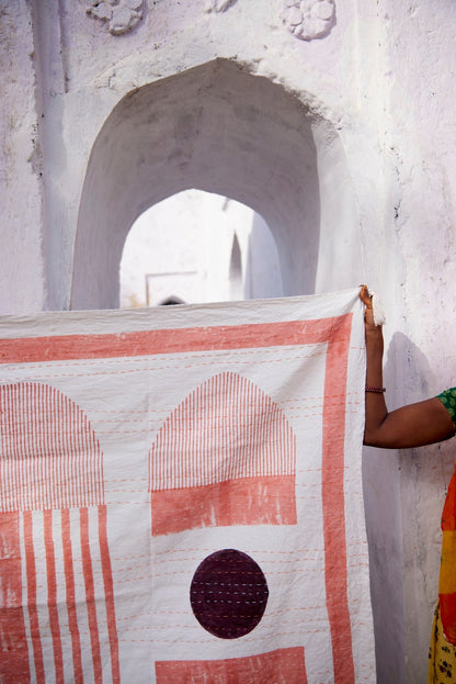 Hand-Stitched Linen Throw Blanket: Block Printed Kantha Tapestry