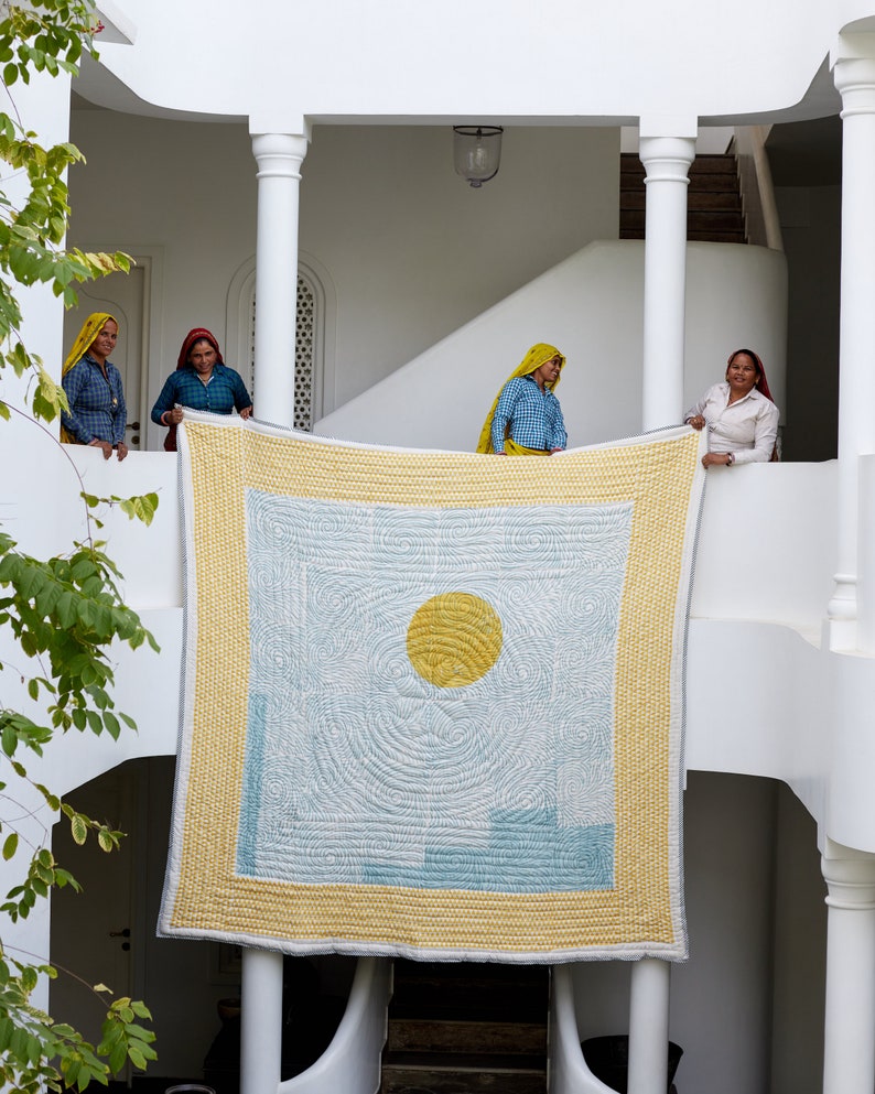 Handmade Cotton Bedspread Quilt Set: Modern Rising Sun Design, 2 Shams