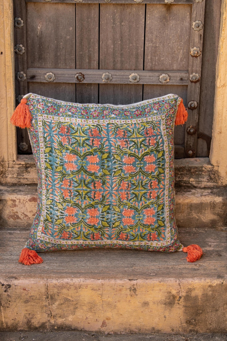 Handmade Cotton Gauze Quilt Bedding Set: Boho Lotus Block Print