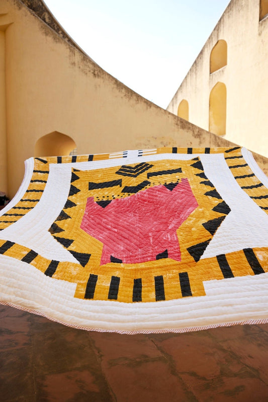 Hand-Block Printed Queen Quilt: Reversible Tiger Palm Cotton Kantha