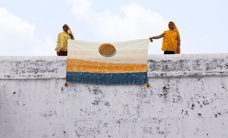 Handmade Linen Kantha Throw Blanket: Boho Mid-Century Modern