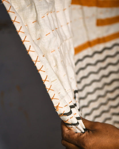 Handmade Linen Kantha Throw Blanket: Sun Design Block Print