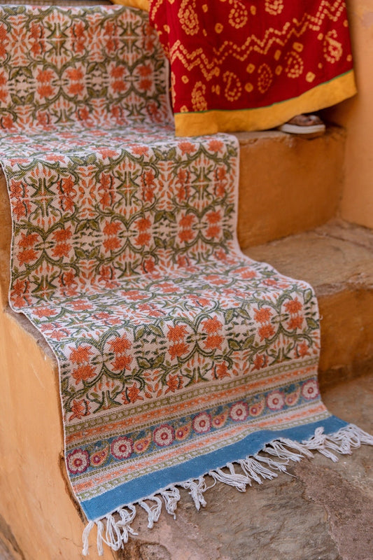 Handmade Cotton Rug Runner: Boho Floral Block Print, 2x6