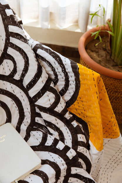 Handmade Block Print Kantha Throw Blanket: Boho Cotton Quilted Bedcover