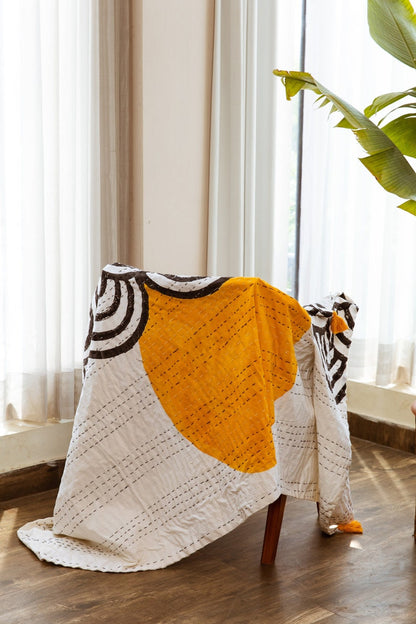 Handmade Block Print Kantha Throw Blanket: Boho Cotton Quilted Bedcover