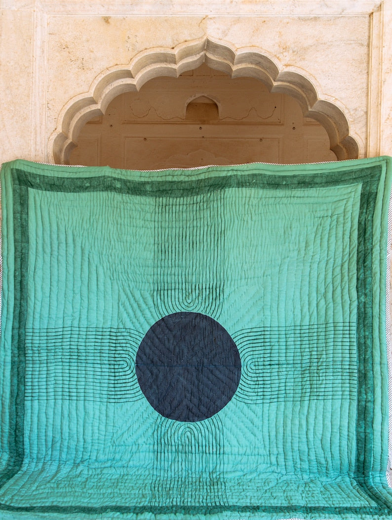 Handmade Kantha Quilt: Reversible Blue Ocean Bedspread Set