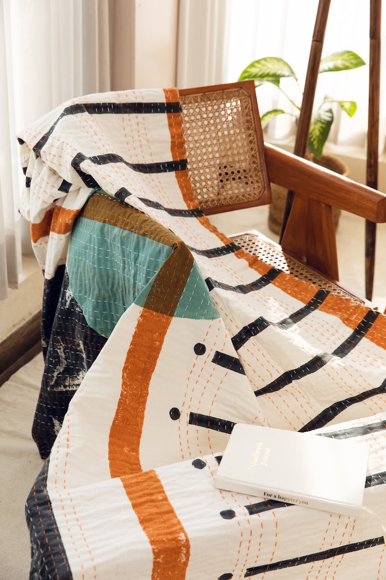 Handmade Kantha Throw Blanket: 100% Cotton Block Print Boho Quilt