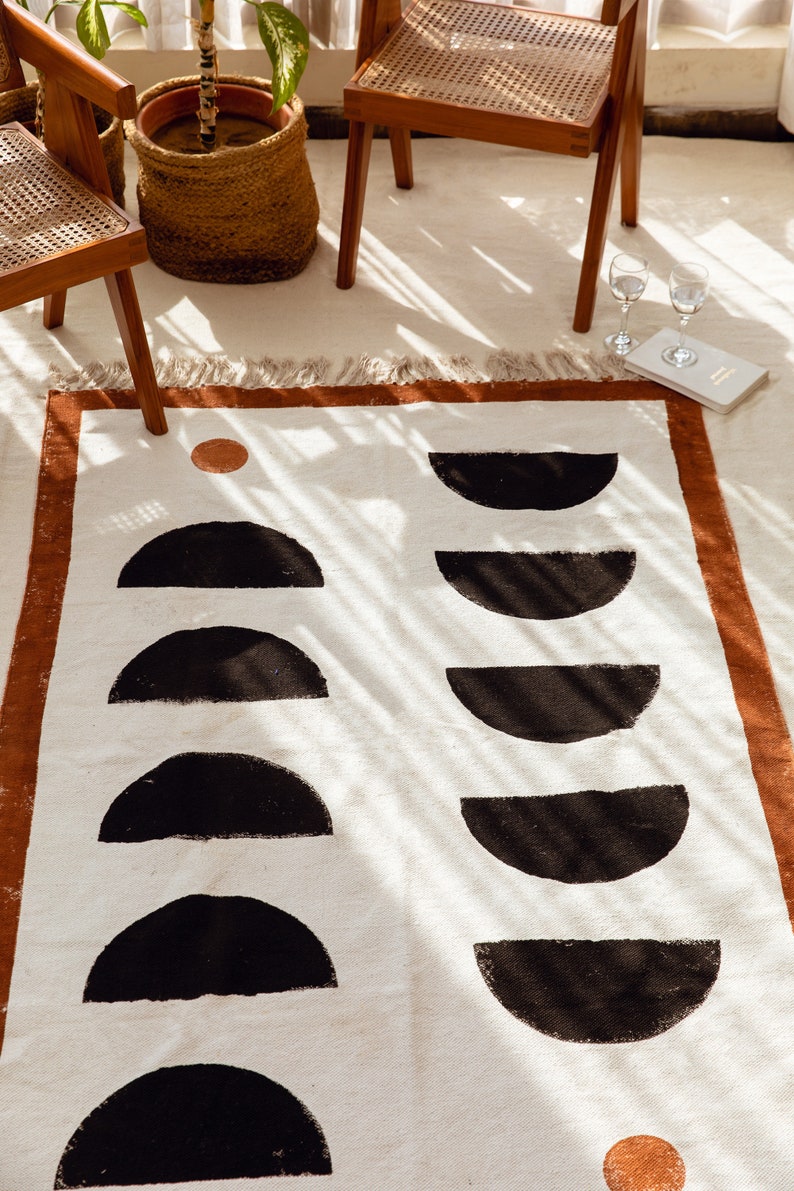 Hand-Printed Cotton Dhurrie Rug: 8x10 Abstract Bauhaus Design