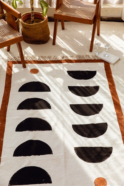 Hand-Printed Cotton Dhurrie Rug: 8x10 Abstract Bauhaus Design