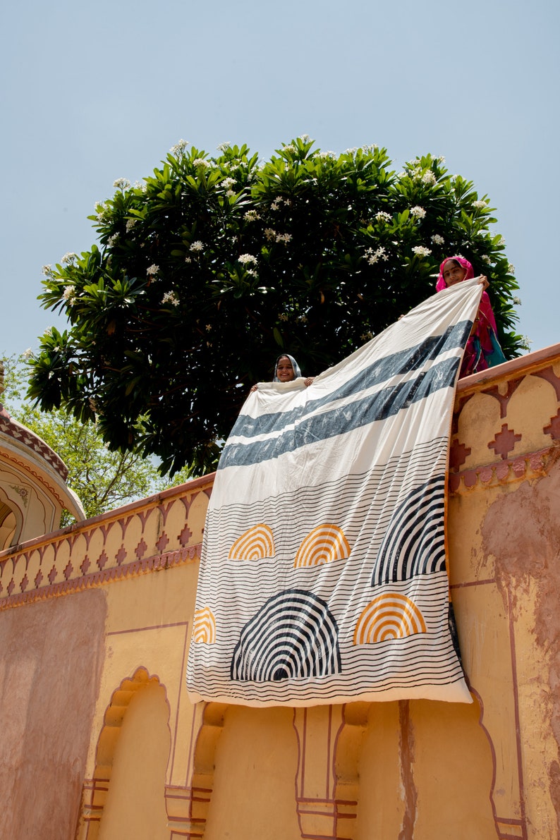 Modern Block Printed Duvet Cover Set: Spiral Sun Design, Cotton Bedding