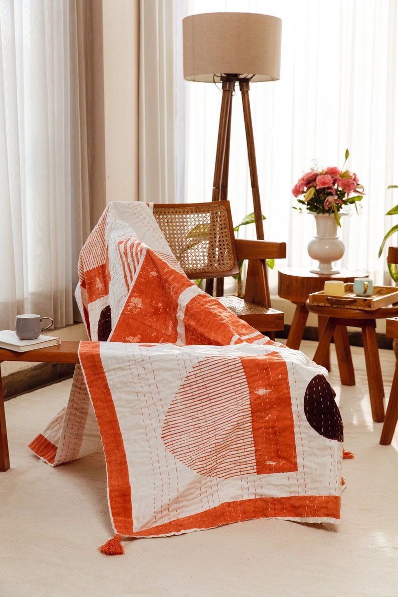 Handmade Linen Kantha Throw Blanket: Bauhaus Block Print