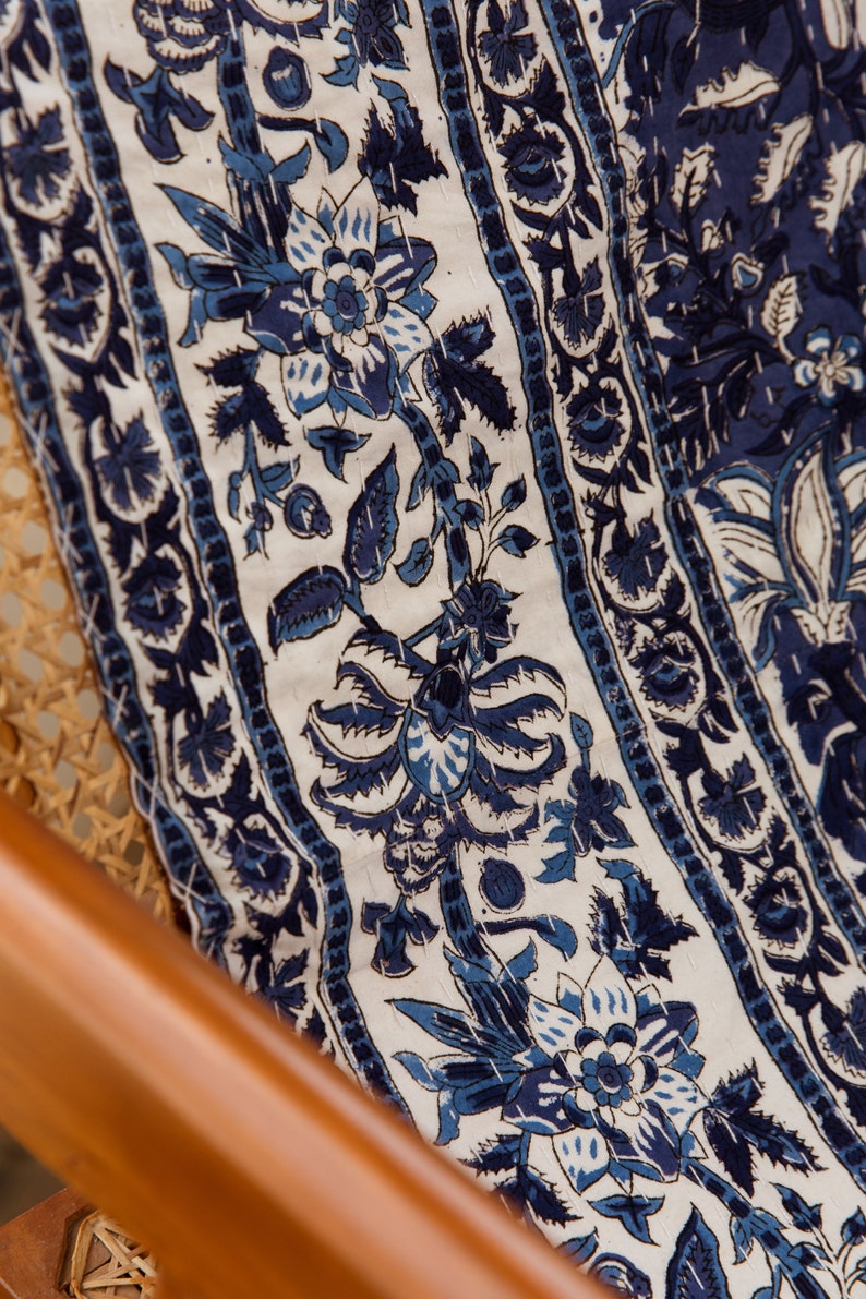 Handmade Kantha Throw Blanket: Blue Floral Hand-Block Print, Boho Decor