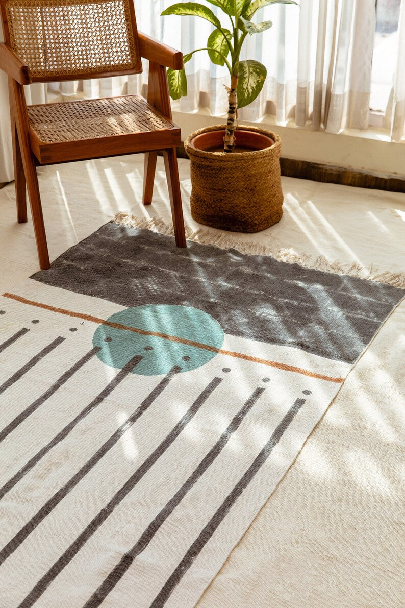 Handmade Cotton Dhurrie Rug: Blue Moon Block Print, Boho Modern Rug (4x6)