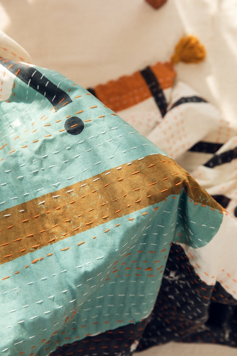 Hand-Stitched Kantha Throw Blanket: Block Print Cotton Quilt