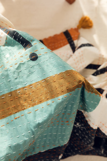 Hand-Stitched Kantha Throw Blanket: Block Print Cotton Quilt