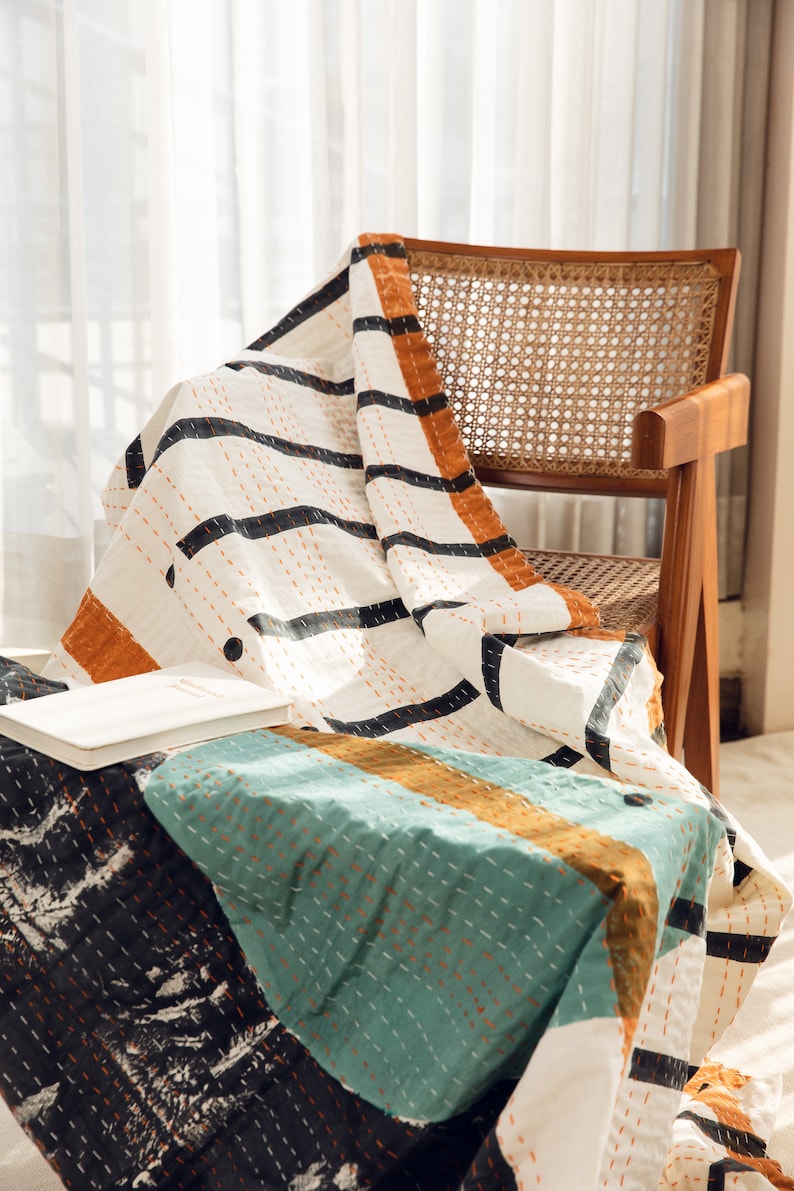 Hand-Stitched Kantha Throw Blanket: Block Print Cotton Quilt