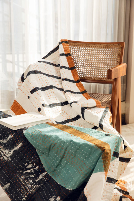 Handmade Kantha Throw Blanket: 100% Cotton Block Print Boho Quilt