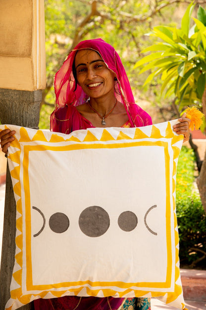 Hand-Printed Lunar Cycle Quilt: Reversible Cotton Bedspread