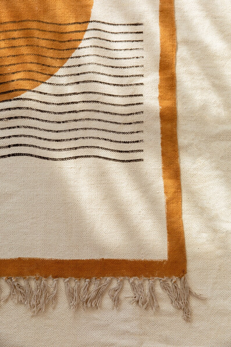 Handmade Cotton Dhurrie Rug: Block Printed Sun Design