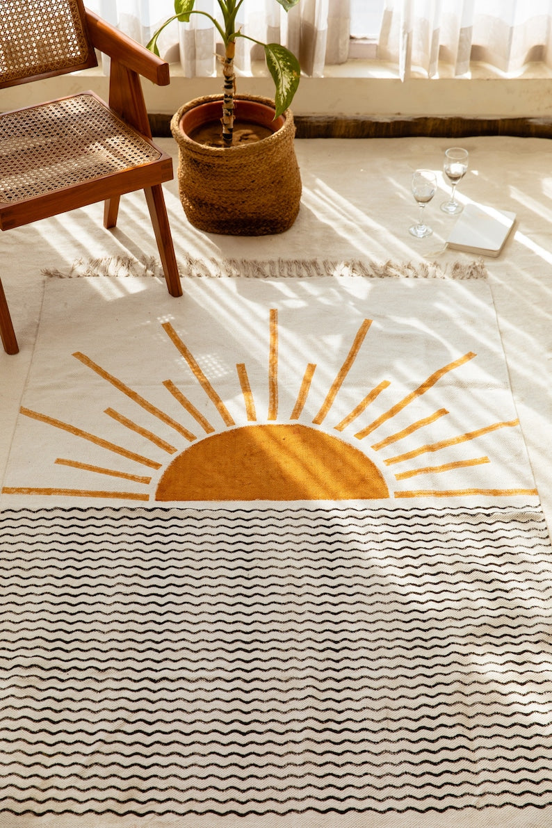 Handmade Rising Sun Rug: 4x6 Block Printed Cotton Dhurrie