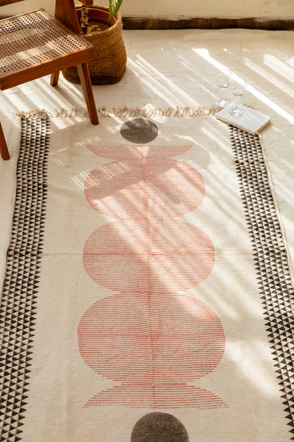 Handmade Block Print Cotton Dhurrie Rug: Bohemian Abstract Design