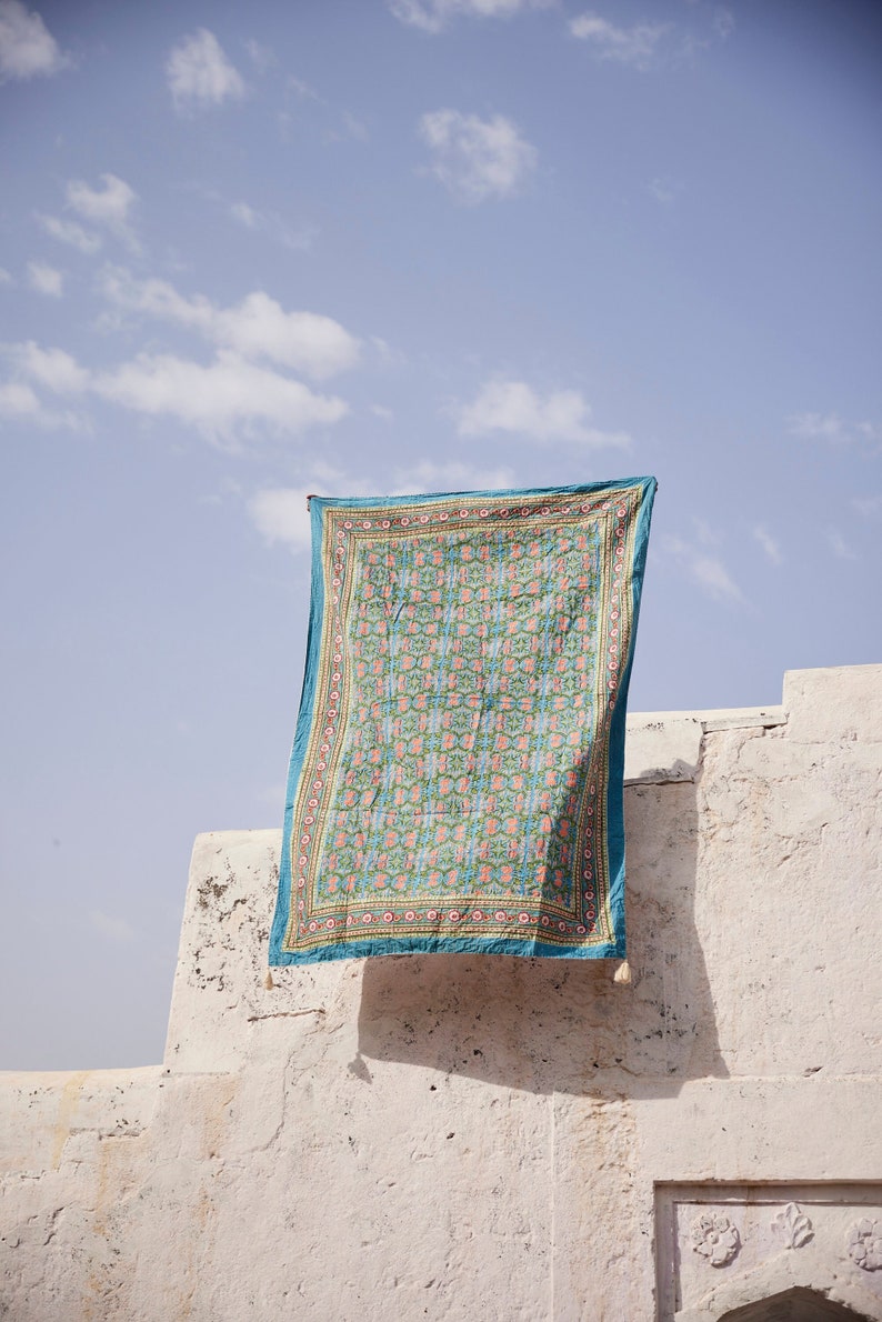 Floral Block Print Cotton Picnic Blanket: Kantha Stitched Throw
