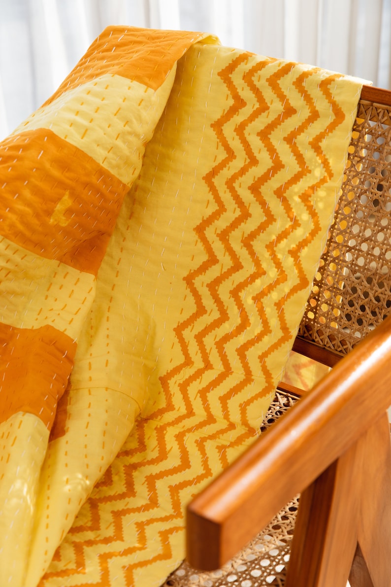 Handmade Yellow Cotton Picnic Blanket: Boho Kantha Stitched Tassels