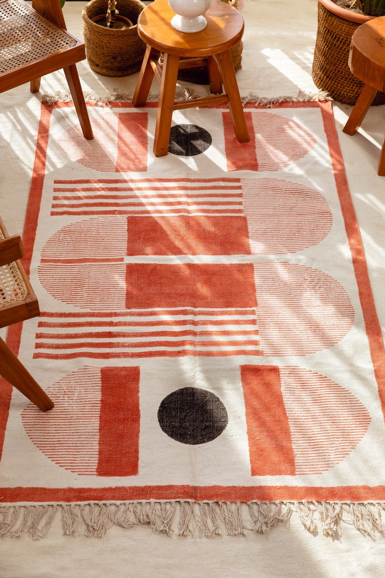 Handmade Block Print Cotton Rug: Bauhaus Abstract Design