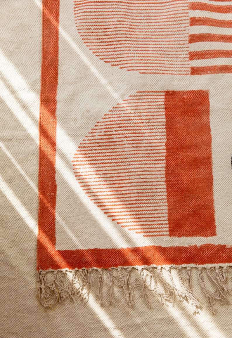 Hand Block Printed Cotton Rug: Terracotta & Black Geometric Rug - Boho Modern Decor