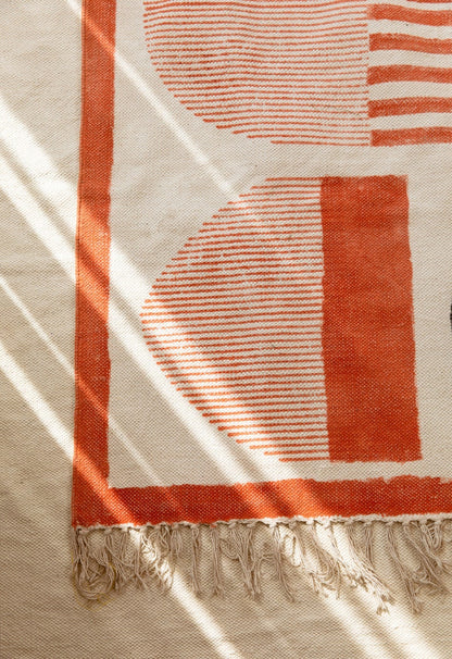 Hand Block Printed Cotton Rug: Terracotta & Black Geometric Rug - Boho Modern Decor