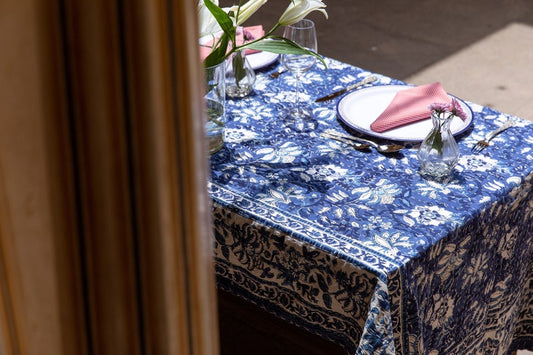 Handmade Cotton Tablecloth: Indian Floral Block Print, Kantha Stitch (54" x 84")