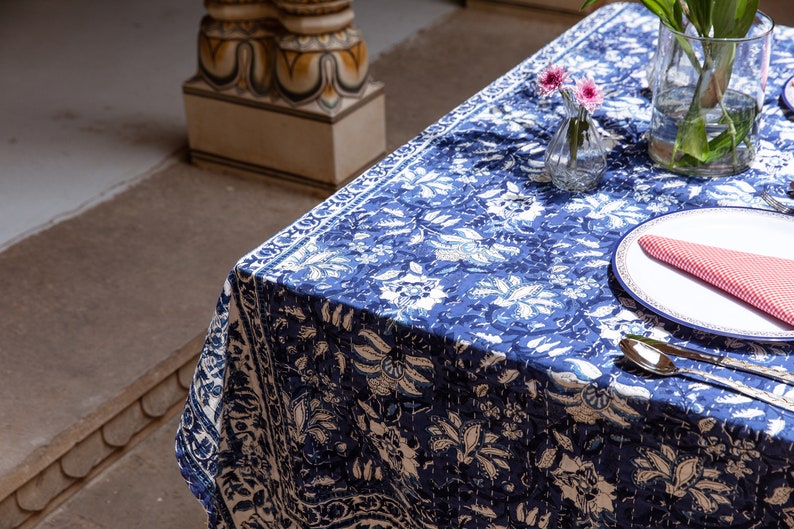 Handmade Cotton Tablecloth: Indian Floral Block Print, Kantha Stitch (54" x 84")