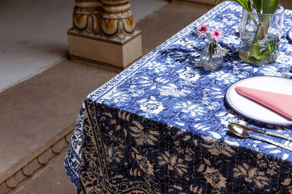 Handmade Cotton Tablecloth: Indian Floral Block Print, Kantha Stitch (54" x 84")