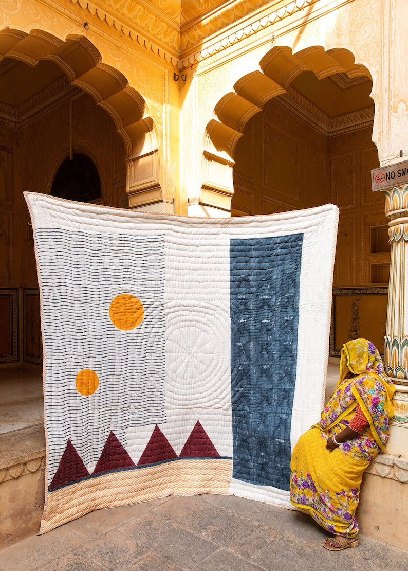 Handmade Block-Printed Cotton Quilt: Boho Indian Bedspread