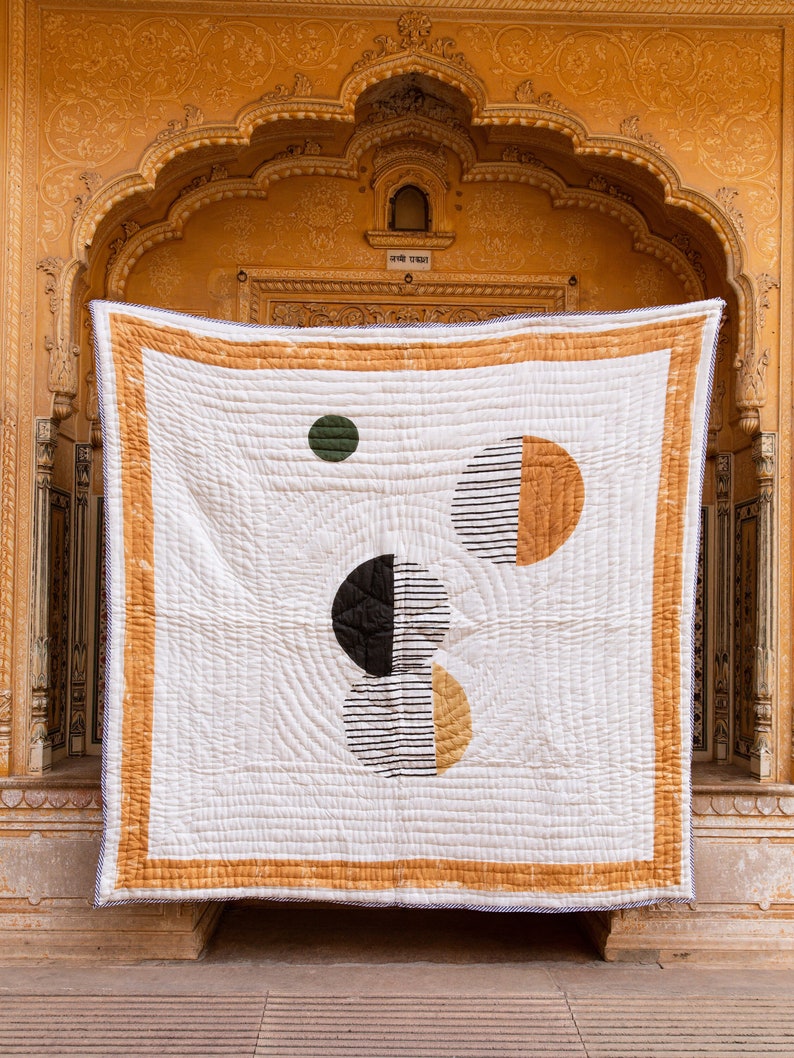 Handmade Block Printed Cotton Quilt: Reversible Kantha Bedspread