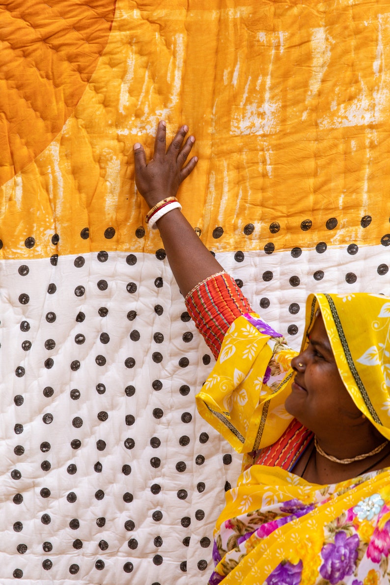 Handmade Kantha Quilt: Reversible Abstract Block Print Cotton Bedspread