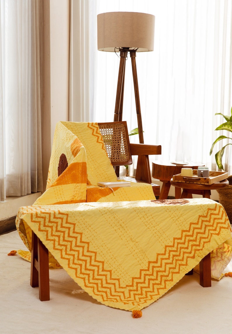 Handmade Yellow Cotton Picnic Blanket: Boho Kantha Stitched Tassels