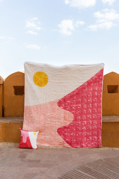 Hand-Block Printed Kantha Quilt: Reversible Cotton Bedspread
