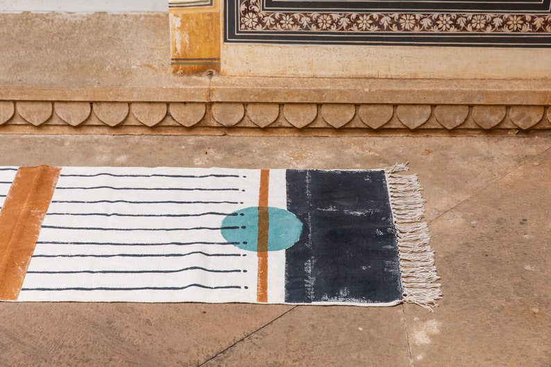 Blue Abstract Moon Rug Runner: Block Printed Cotton 2x6